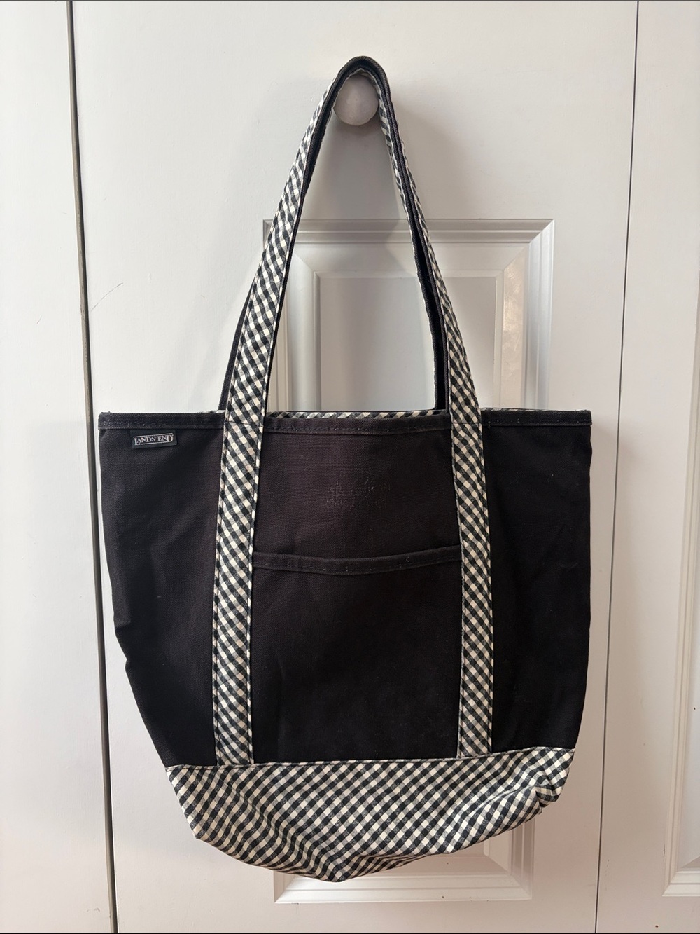 Lands' End Black & White Plaid Check Canvas Tote Bag